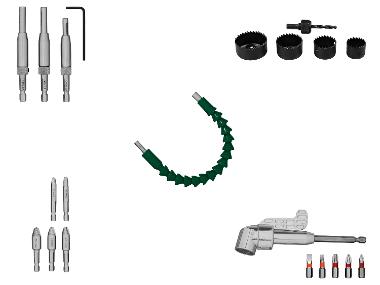 Scharnierlochbohrer / Lochsägen-Set / HSS-Schraubenausdreher / Winkel-Bithalter mit Bit-Set / Flexible Welle