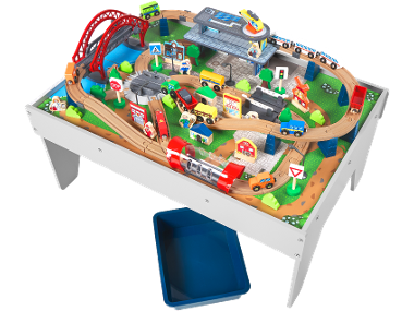 Table avec circuit de train en bois, 100 pièces