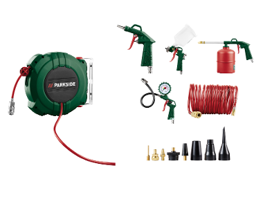Compressed Air Hose Reel and 13-Piece Tool Set